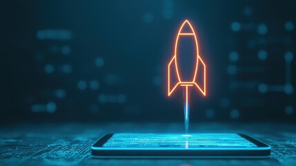 Poster - Digital Innovation Concept with Rocket Launching from Smartphone in Futuristic Technology Background