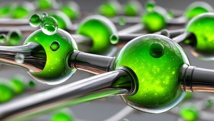 Poster - Glowing green glassy microscopic material with energy core floating on light background