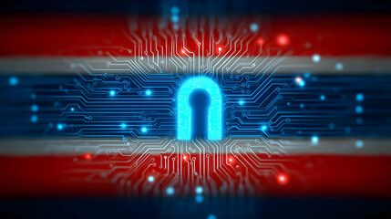 Aufkleber - A glowing digital keyhole with circuitry overlays a stylized flag background, symbolizing cybersecurity and technology protection.