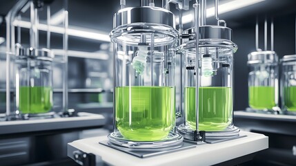 Poster - Modern laboratory apparatus filled with vibrant green liquid.