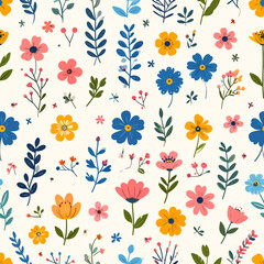 Poster - Cheerful floral pattern with colorful flowers and leaves for backgrounds and designs