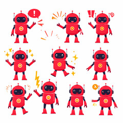 Poster - Collection of adorable red robots expressing various emotions on a white background suitable for technology and design projects