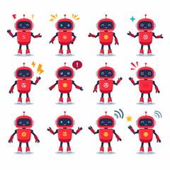 Aufkleber - Collection of Cute Red Robot Characters with Various Expressions and Poses on a White Background for Creative Projects