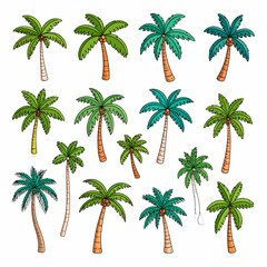 Collection of cartoon palm trees with different colors and shapes isolated on white background evokes tropical summer vibes