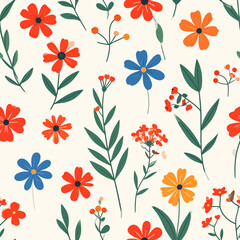 Poster - Colorful floral pattern background with red orange and blue flowers and green leaves seamless design for fabric and wallpaper