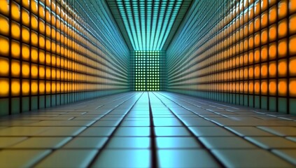 Poster - Vibrant neon grid with glowing triangles and squares, retro futuristic digital art background, virtual reality space