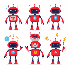 Aufkleber - Six red cartoon robots with different emotions and expressions in a playful display for digital design