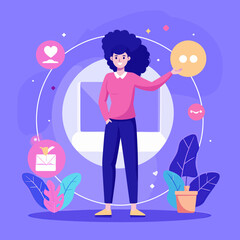 Fototapete - Woman interacting with social media icons in a digital world illustration for online engagement and communication