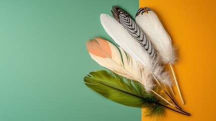 Poster - Artistic flat lay of white feathers with black designs on a muted color backdrop