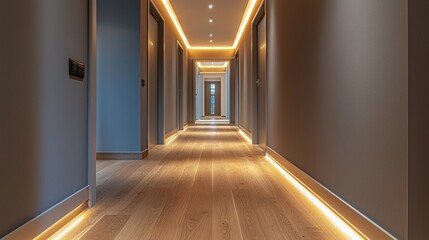 Poster - Bright hallway showcases a sleek design with warm lighting along the walls and polished wooden flooring, creating an inviting atmosphere during daytime access