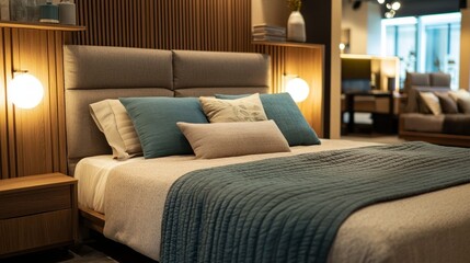 Poster - A beautifully designed bedroom showcases a modern bed with plush pillows and a textured blanket. The warm lighting and elegant furnishings create a serene atmosphere, perfect for relaxation