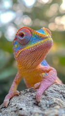 Poster - A vibrant chameleon displays its stunning colors while resting on a rock. The soft light creates a magical atmosphere around its unique textures and patterns