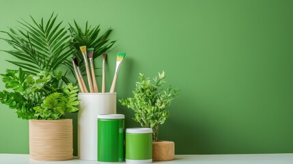 Poster - Clean gradient background with paint cans and fresh green plants arranged neatly for design projects