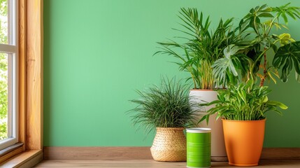 Poster - Clean gradient background with paint cans and fresh green plants arranged neatly for design projects
