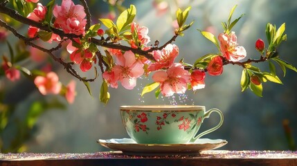 Poster - Dreamy teacup scene with pink blossoms and glitter suspended in soft light