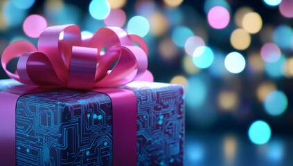 Poster - gift box wrapped in circuit board paper with neon ribbons