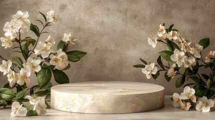 Poster - A round stone pedestal is centered among delicate white flowers and green leaves against a softly textured background, evoking a calm and inviting atmosphere