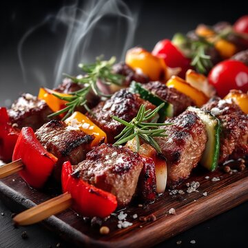 realistic image of a platter of beef kebabs garnished with roasted garlic and parsley, rustic wooden table, soft lighting, appetizing and detailed composition