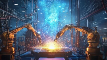 Poster - Futuristic robotic arms welding with dazzling blue and purple sparks flying