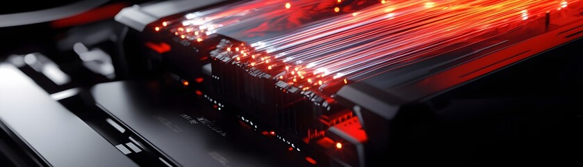 Poster - Close-up of technological components with glowing red lights.