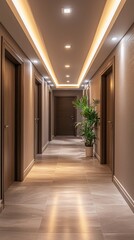 Poster - Soft lighting illuminates a modern hallway in a hotel, showcasing wooden doors and a lush potted plant. The design exudes warmth and tranquility during the evening hours