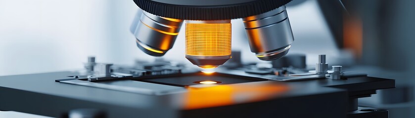Poster - Close-up view of a microscope's objective lens.