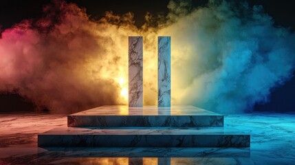 Poster - Marble stone platform surrounded by soft glowing light and textured atmosphere