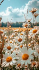 Poster - A colorful field filled with blooming daisies stretches before the viewer, showcasing their bright petals and sunny centers