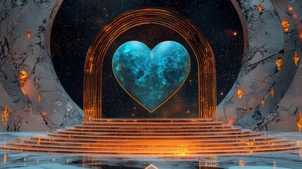 Poster - Radiant neon blue heart on reflective futuristic stage design, dreamy aura