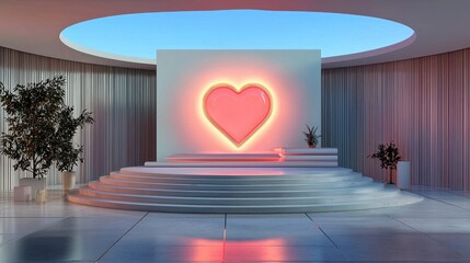 Poster - Stunning neon pink heart illuminated on ultra-modern abstract stage