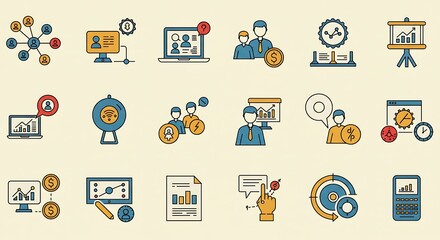 Poster - A precise  grid of  ultra-smooth thin line art icons depicting business and technology concepts. Each icon features: