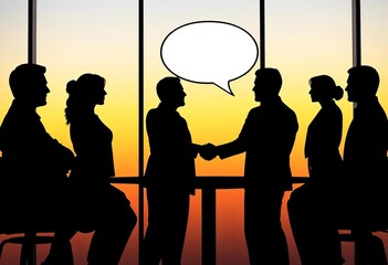Wall Mural - Silhouette of business figures in a meeting, shaking hands, with a speech bubble , partnership, graphic
