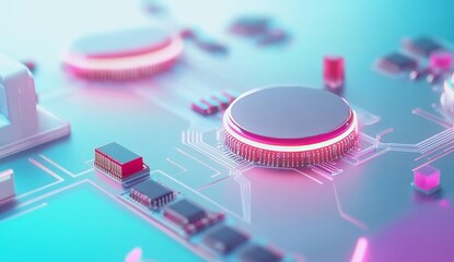 Poster - Close-up of glowing high-tech circuit board with advanced computer chips on blue background