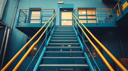 Poster - A vibrant blue industrial building features a prominent staircase with yellow handrails leading to a closed door. The afternoon light brightens the architectural details