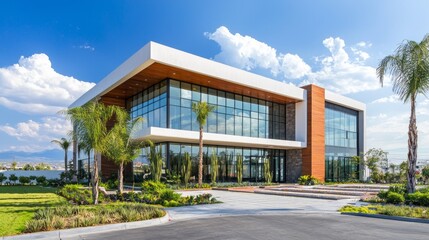 Poster - Brightly lit modern building features expansive glass windows and wooden accents, surrounded by lush greenery and palm trees under a clear blue sky, exuding a welcoming atmosphere