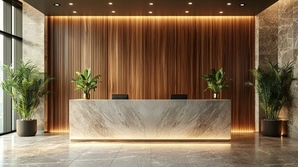 Poster - A stylish reception area showcases a marble counter, warm wooden accents, and lush greenery. The minimalist design creates a welcoming atmosphere for visitors at a contemporary building