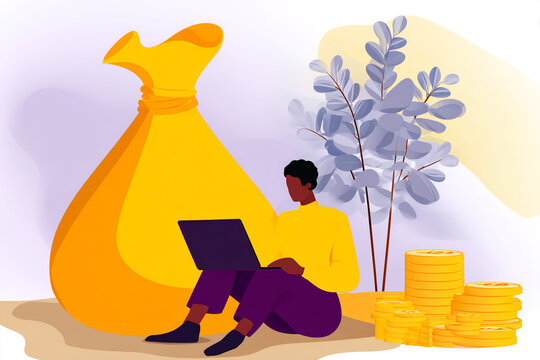 Person working on laptop near a large money bag and stacks of coins, symbolizing financial success and online business