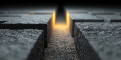 Poster - Dark gray textured blocks form a path with a glowing yellow light at the end, symbolizing hope, journey, or a new beginning