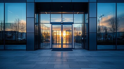 Poster - A sleek entrance of a contemporary building showcases a stunning sunset reflecting off its glass facade. Trees frame the scene, enhancing the evening atmosphere as daylight fades