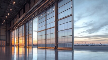 Poster - Large hangar doors are open, showcasing a vibrant sunset illuminating the airport landscape. Parked airplanes are visible in the distance, creating a tranquil atmosphere