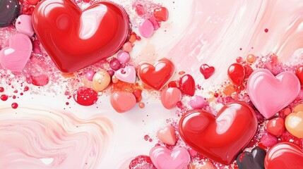 Poster - Fun and fluid Valentine heart pattern in vivid reds and gentle pinks, using asymmetry to create a dynamic romantic feel