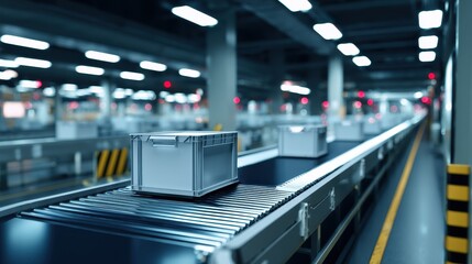Poster - Automated conveyor system transporting crates in a busy warehouse with industrial lighting