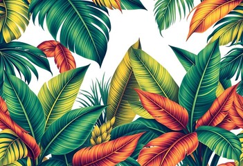 Fototapete - Vintage-style seamless pattern featuring lush exotic palm, monstera, and banana leaves, banana, illustration