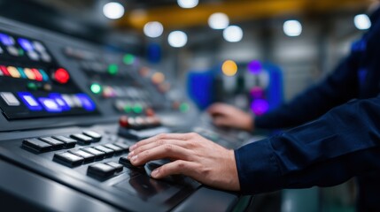 Poster - Operator adjusting control panel in a modern industrial facility with machinery in background