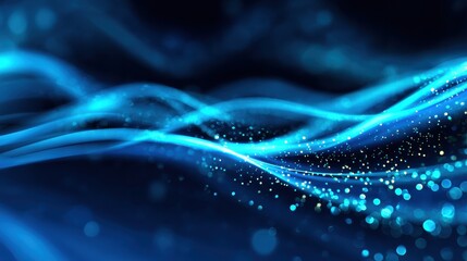 Poster - Abstract blue waves with glowing particles creating a serene digital atmosphere
