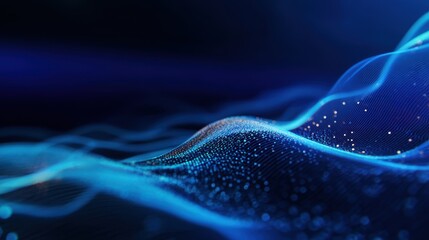 Fototapete - Abstract wave patterns with glowing particles in a dark blue background, creating a serene atmosphere