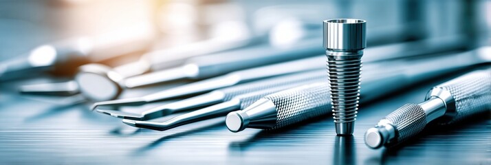 Aufkleber - Dentist Tools Arranged With a Focus on a Dental Implant in a Modern Dental Practice Setting Generative AI