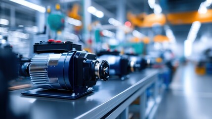 Poster - Industrial workshop showcasing advanced motor assembly line with machinery in operation