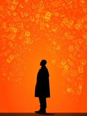 Poster - Doctor Silhouette Surrounded by Floating Prescription Symbols Against a Bright Orange Background Illustrating Medical Expertise Generative AI