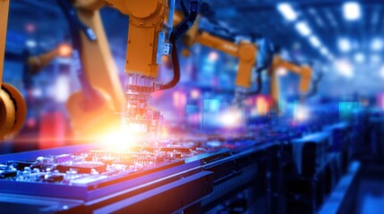 Aufkleber - Robotic arms assembling electronic components in a high-tech factory with vibrant lighting